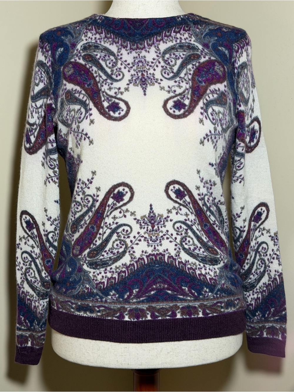 Talbots Audrey Pure Cashmere Paisley Sweater Petite Large Purple Blue Soft Knit